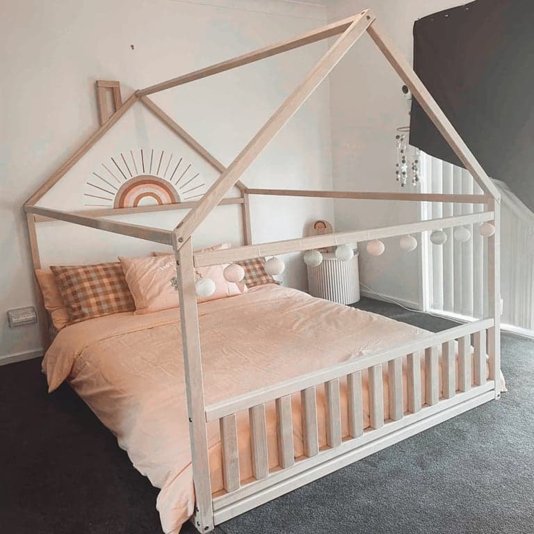 Sweet Home From Wood House Floor Bed With Headboard and Footboard Queen Birch Wood