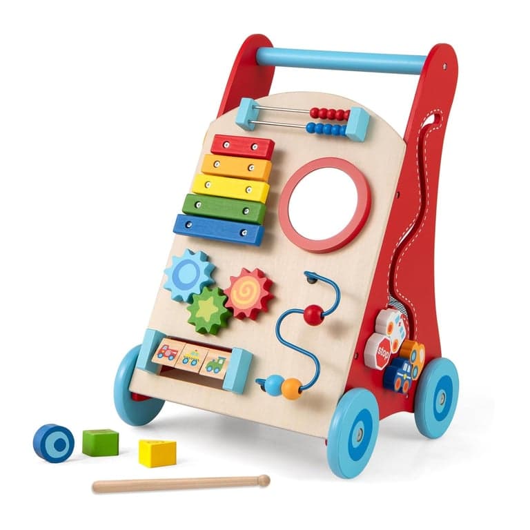 BABY JOY Wooden Baby Walker Natural and Red