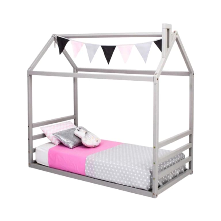 Sweet Home From Wood House Floor Bed Frame With a Horizontal Headboard and Footboard Full Gray
