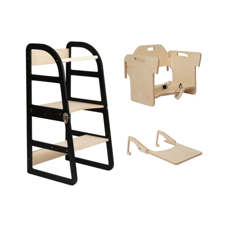 Lumbary Torretta da cucina trasformabile Passo agile e seggiolone combinati Nero