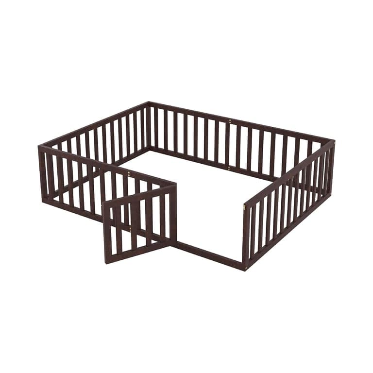 Harper & Bright Designs Queen Size Floor Bed With Rails, Fence, and Door Walnut
