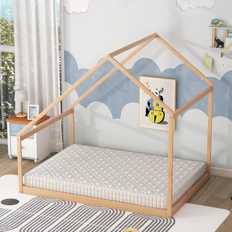 Merax Full Size Bed Frames With Roof Natural