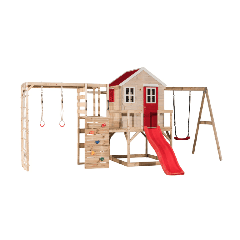 Wendi Toys My Lodge Altalena con Piattaforma, Scivolo, Altalena Singola e Accessorio Palestra Rosso