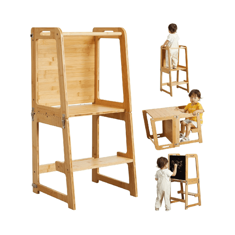 Onirw 4-in-1 Convertible Toddler Tower With Chalkboard Natural