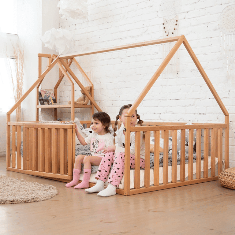 BusyWood Twin Floor Bed House Shaped With Rails Natural