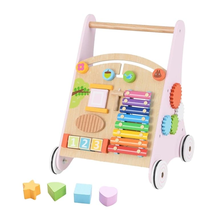 INFANS Wooden Baby Walker With Multiple Activity Toys Pink