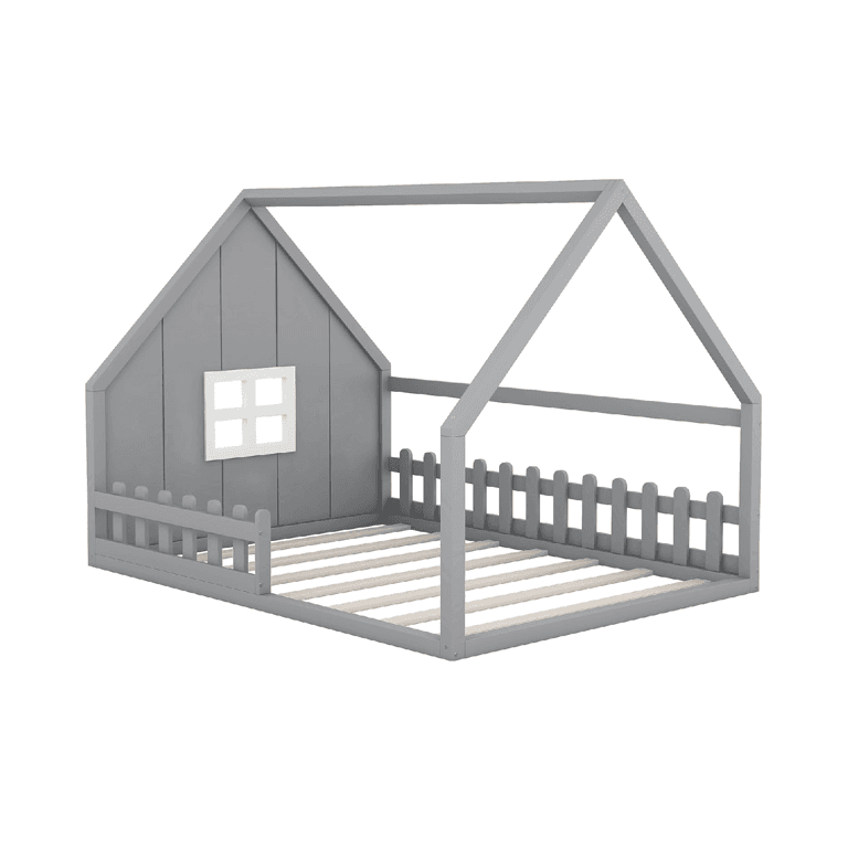 Meritline Full Size Floor Bed With Headboards Gray