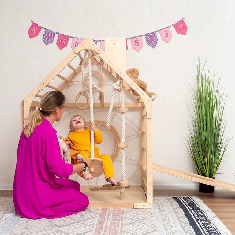 Wood and Hearts Climbing Playhouse With Ramp, Two-Sided Mat, and 3 Ropes in Natural Wood
