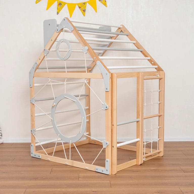Wood and Hearts Climbing Playhouse in Natural Wood and Gray