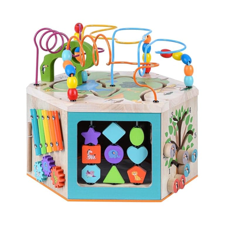 Teamson Kids Preschool Play Lab 7-in-1 Large Wooden Bead Activity Cube Natural