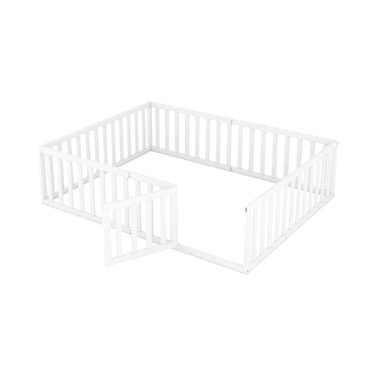 Harper & Bright Designs Queen Size Floor Bed With Rails, Fence, and Door White