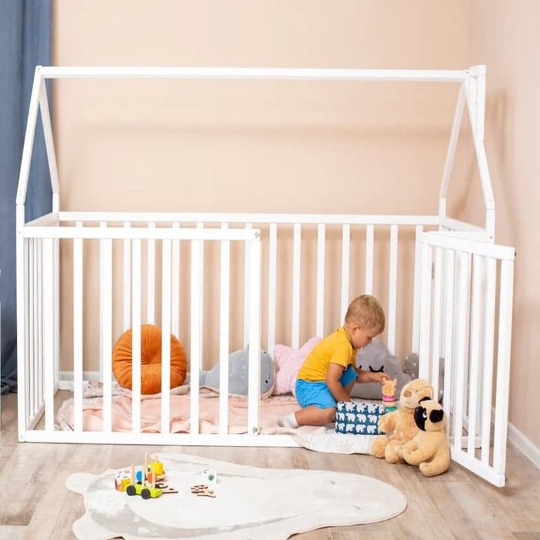 Busywood House Playpen Bed With High Rails White Queen Size