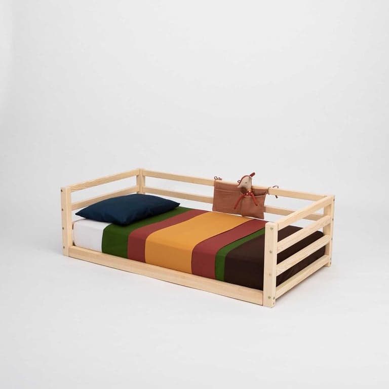 Sweet Home From Wood Montessori Floor Bed With Horizontal Rails on 3 Sides Twin Pine Wood