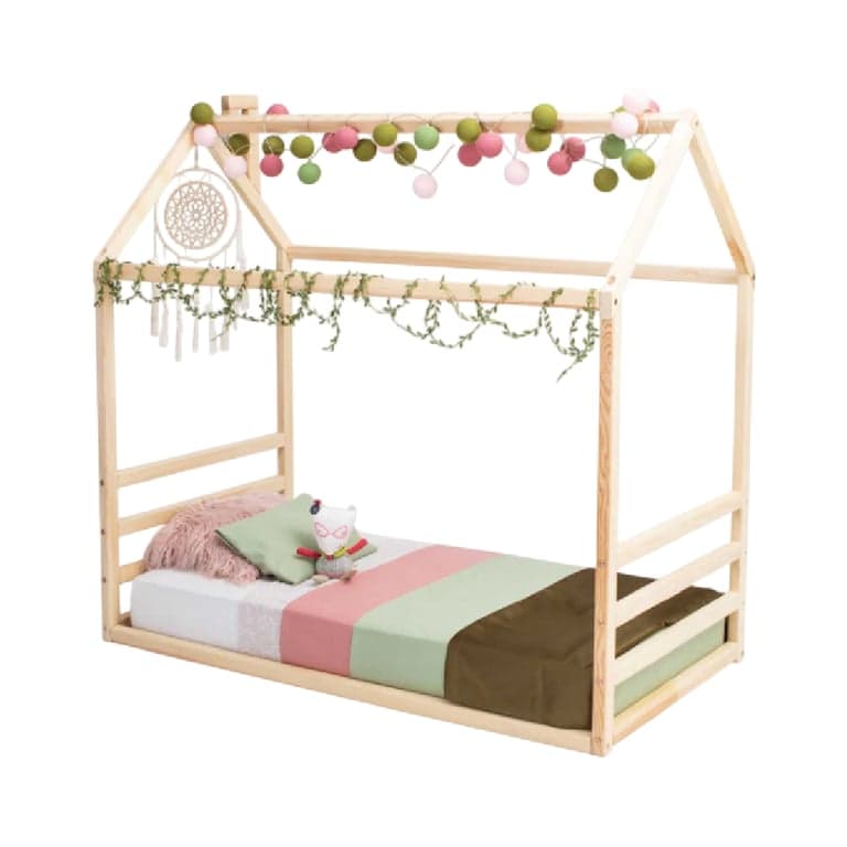 Sweet Home From Wood House Floor Bed Frame With a Horizontal Headboard and Footboard Twin Non-Painted Birch Wood