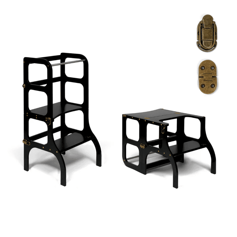 Ette Tete STEP'n'SIT® Torretta Aiuto Tavolo Convertibile 2-in-1 Nero Con Chiusure a Scatto in Ottone