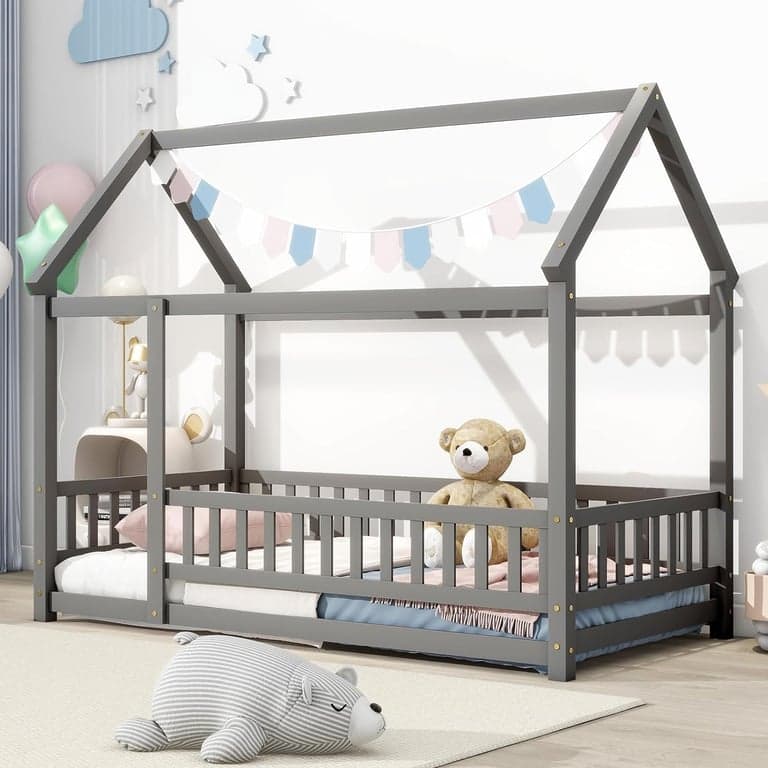 Tatub Twin House Floor Bed With Rails Gray