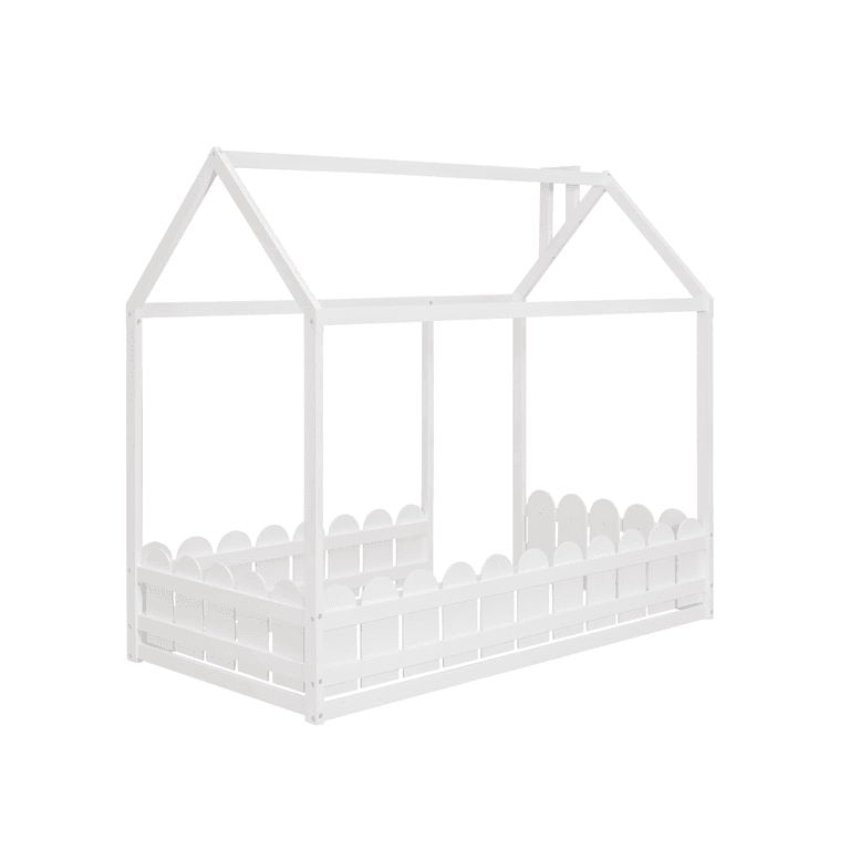 Bellemave Twin Size Floor House Bed Frame With Fence White