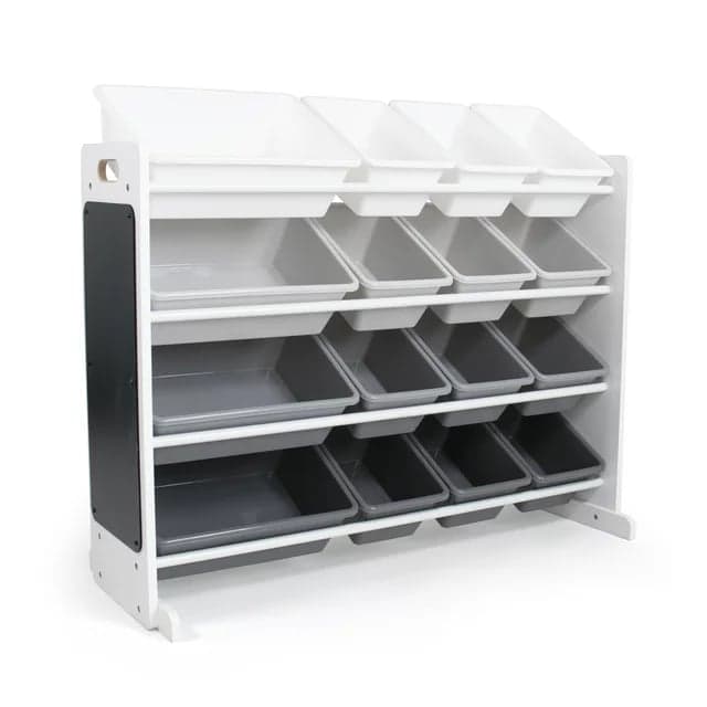 Humble Crew Kids Wood Toy Storage Organizer With Chalkboard and 16 Gray Bins
