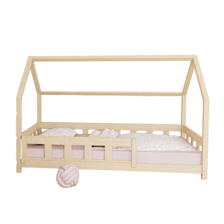 Benlemi Letto Casetta Plotty Con Pannello Laterale e Sponda di Sicurezza Frontale Non Verniciato 120x200 CM