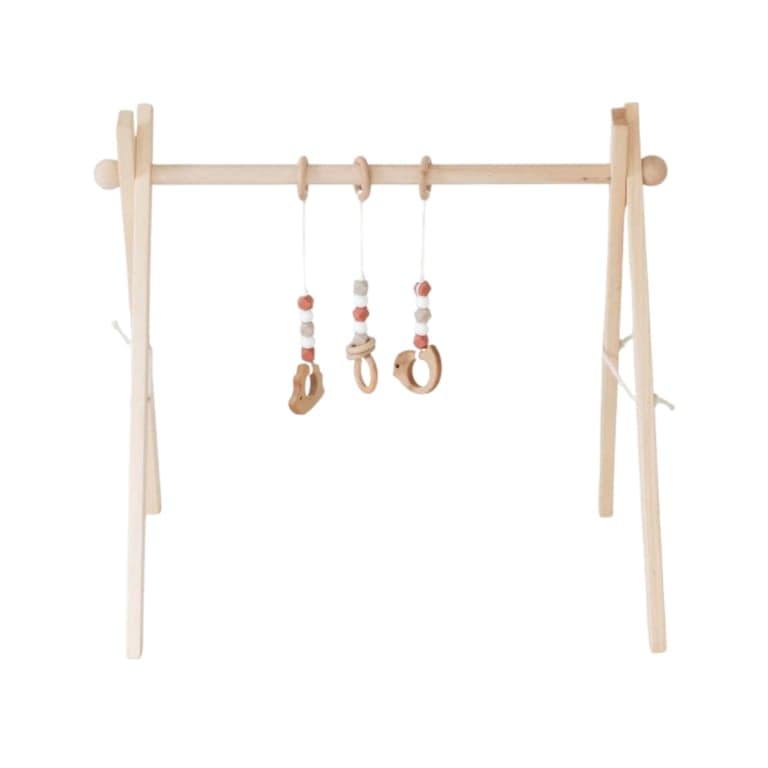 My Little Songbird Classic Maroon Play Gym Natural With 3 Toys Hedgehog and Bird