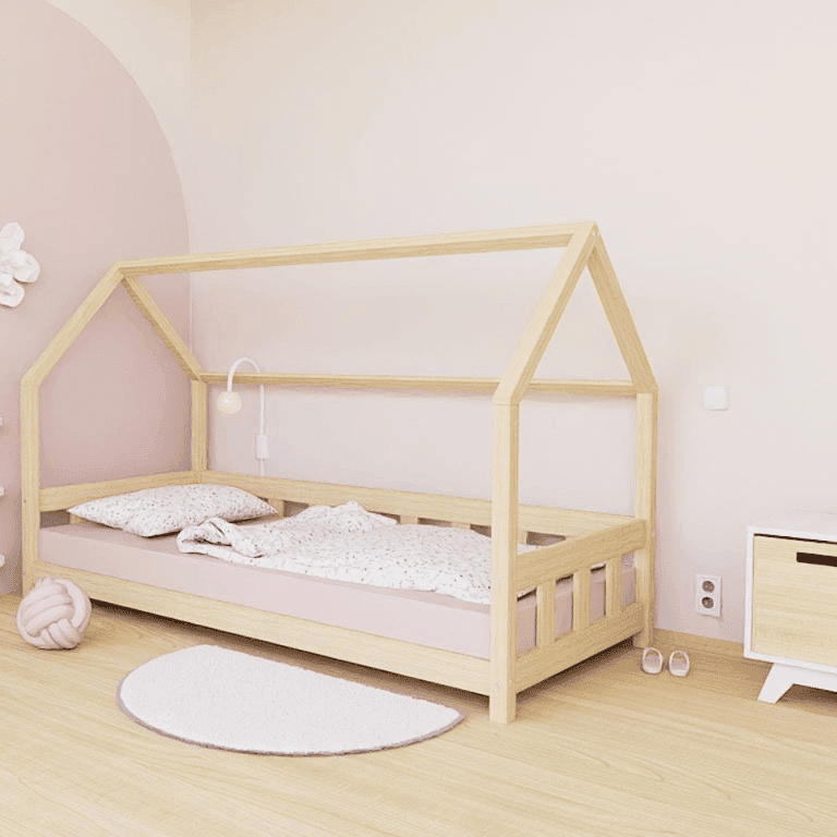 Benlemi Letto a Casa Plotty Con Pannello Laterale e Ingresso Aperto Non Verniciato 140x200 CM