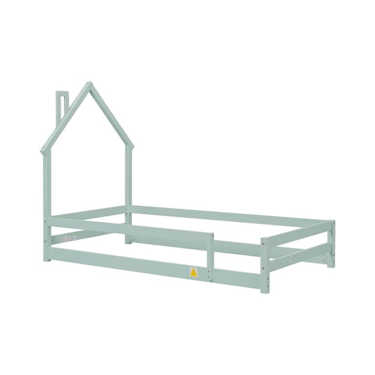 Bellemave Twin Size Floor Bed Frame With House-Shaped Headboard and Fence Green