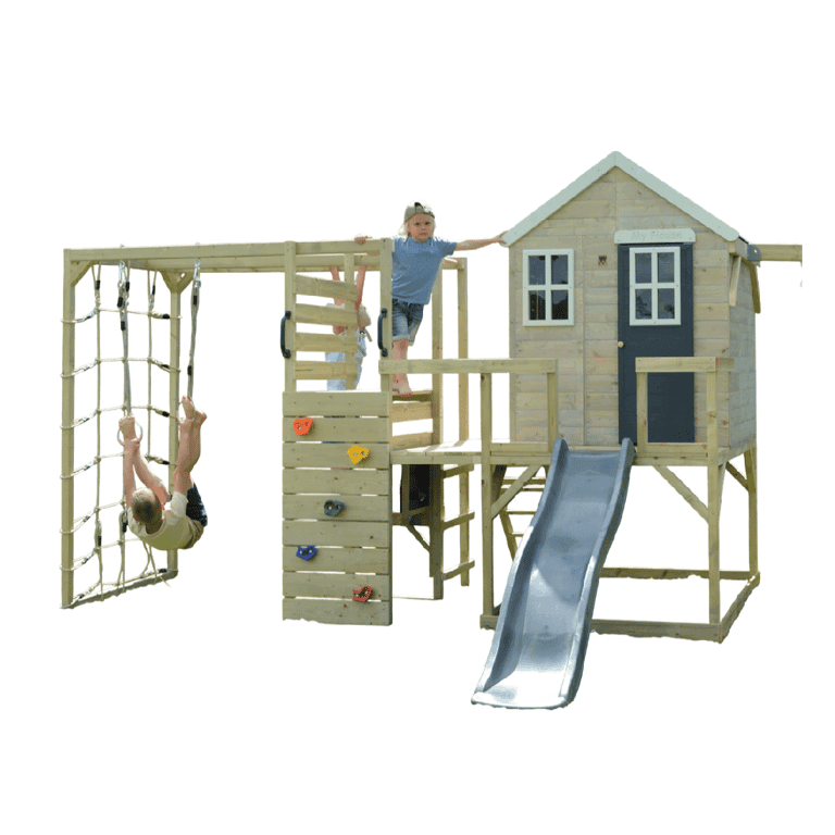 Wendi Toys My Lodge Altalena con Piattaforma, Scivolo, Doppia Altalena e Allegato Palestra Grigio