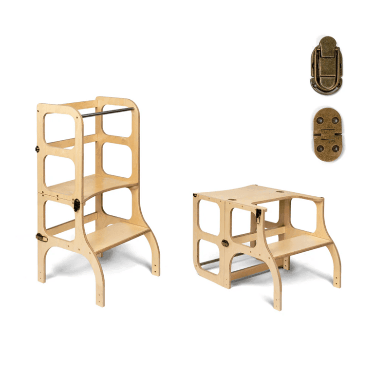 Ette Tete STEP'n'SIT® Torre di Supporto e Tavolo Convertibile 2-in-1 in Legno con Chiusure a Scatto in Ottone