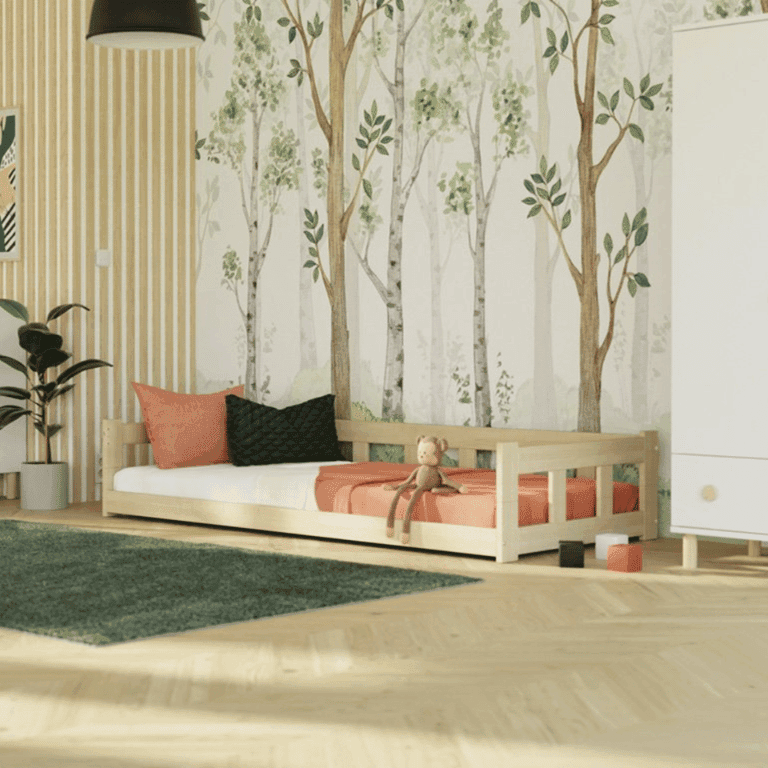 Benlemi Letto Singolo Basso con Recinzione e Parete Laterale Non Verniciato 80x160 CM