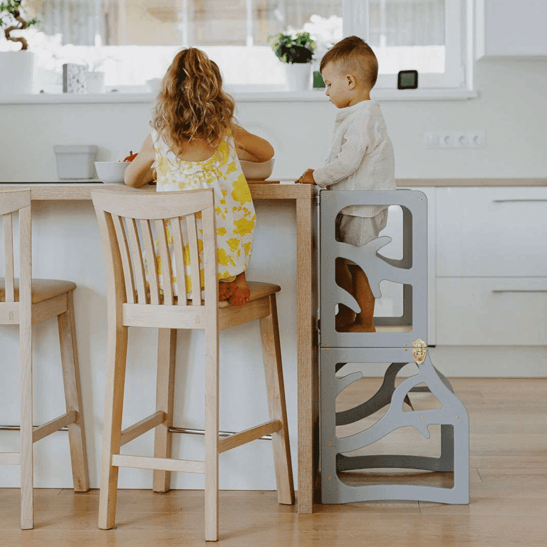 Weco Torre da cucina 3-in-1 Design albero con sgabello Grigio