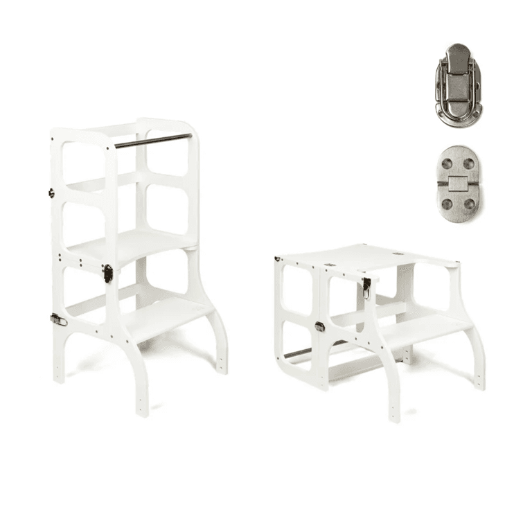 Ette Tete STEP'n'SIT® Torretta Helper Tavolo Convertibile 2-in-1 Bianco Con Chiusure a Scatto Argento