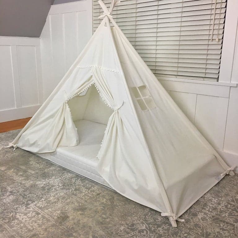 Domestic Objects Play Tent Canopy Twin Floor Bed in White Canvas With Pom Pom Trim Doors