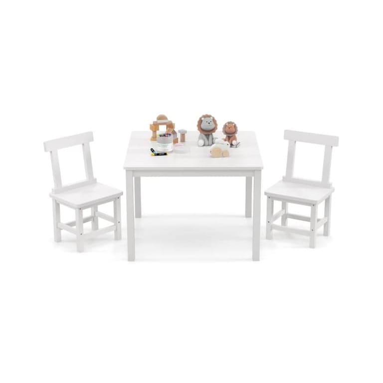 Costway Wooden Kids Table and 2 Chairs Set With Anti-Slip Foot Pads White