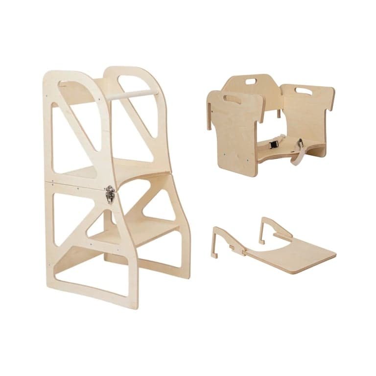Lumbary Torre da cucina trasformabile Passo sicuro e set con seggiolone, legno naturale