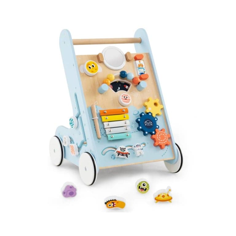 Costway Wooden Push Walker With Learning Activity Center Blue