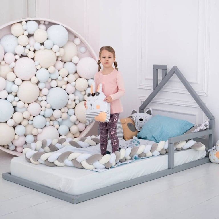 BusyWood Floor Bed House Frame Queen Size Gray