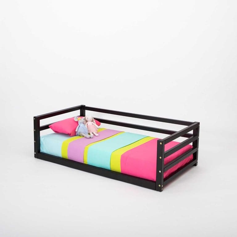 Sweet Home From Wood Montessori Floor Bed With Horizontal Rails on 3 Sides Twin Black