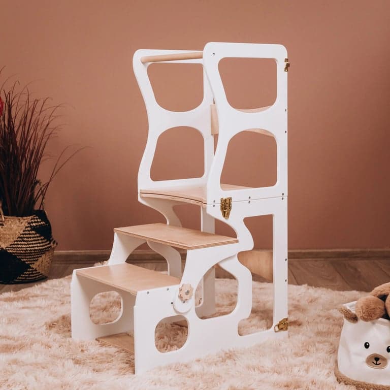 Wood and Hearts Convertible Kitchen Tower White + Natural Wood Neckline