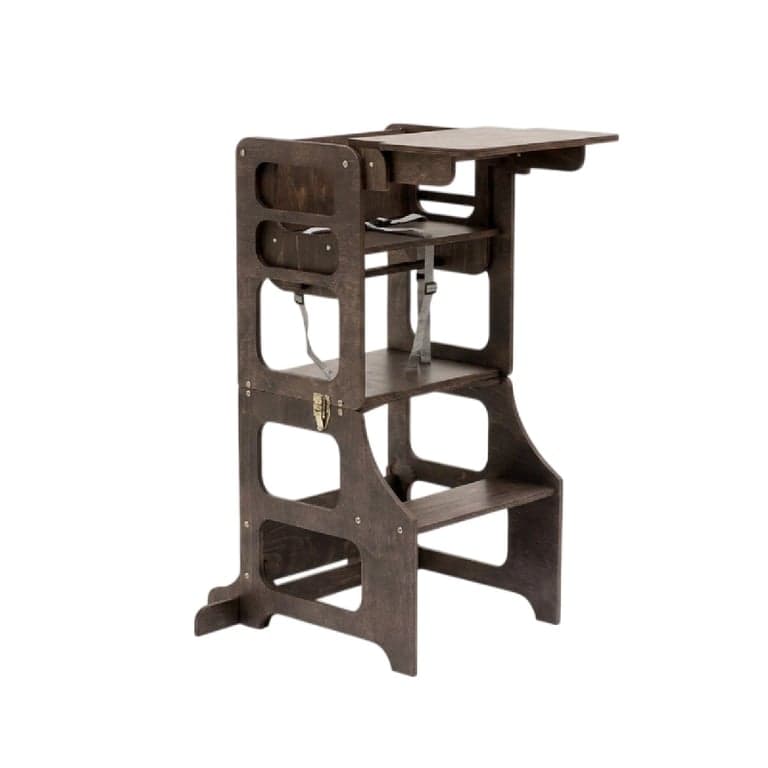Duck Woodworks Torre Montessoriana 2-in-1 Trasformabile per Bambini Piccoli e Seggiolone, Stile Moderno Mid-century Nero Mezzanotte