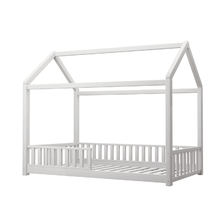 OIKITURE Single House Shaped Floor Bed With Rails White