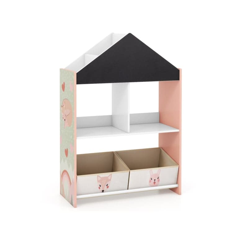 Costway Playhouse Kids Bookshelf With Chalkboard and Whiteboard Pink