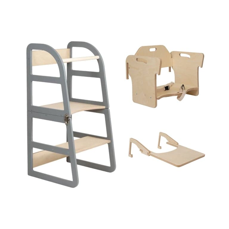Lumbary Torre da cucina trasformabile Passo Elegante e seggiolone combinati Grigio