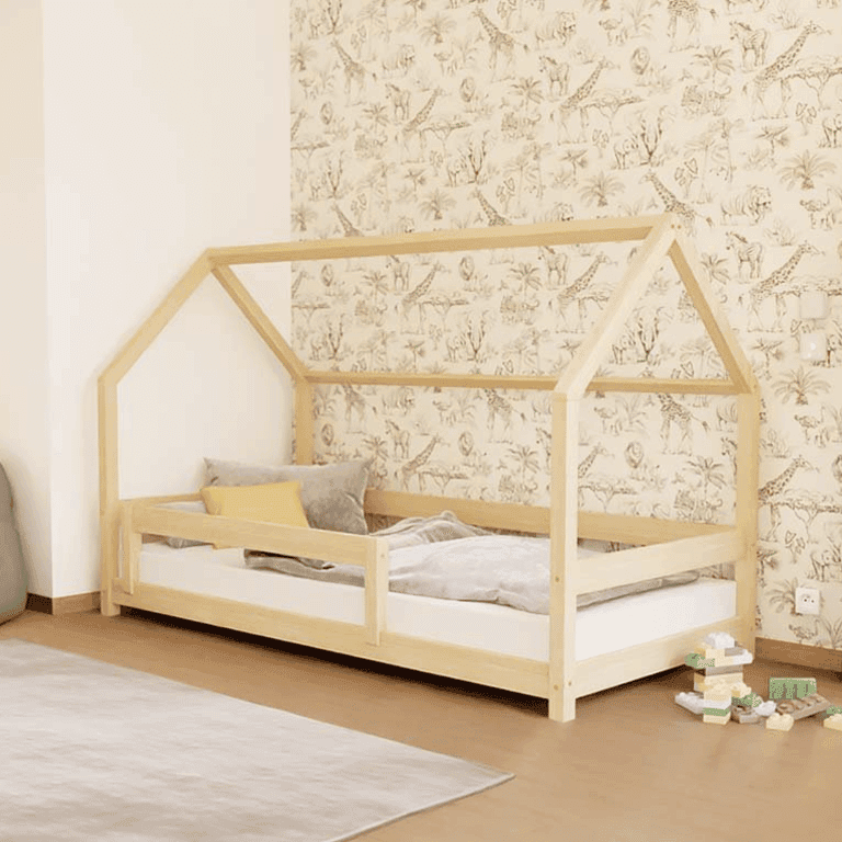 Benlemi Letto a Casa Lucky Con Protezione Letto Rigida Non Verniciato 120 x 200