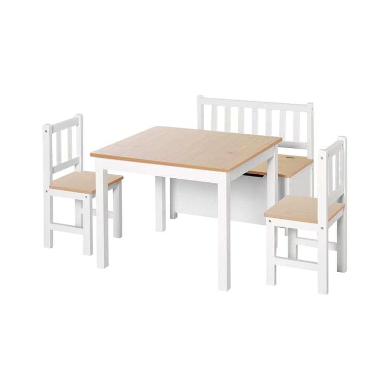 Qaba 4-Piece Kids Table Set With 2 Wooden Chairs Natural/White