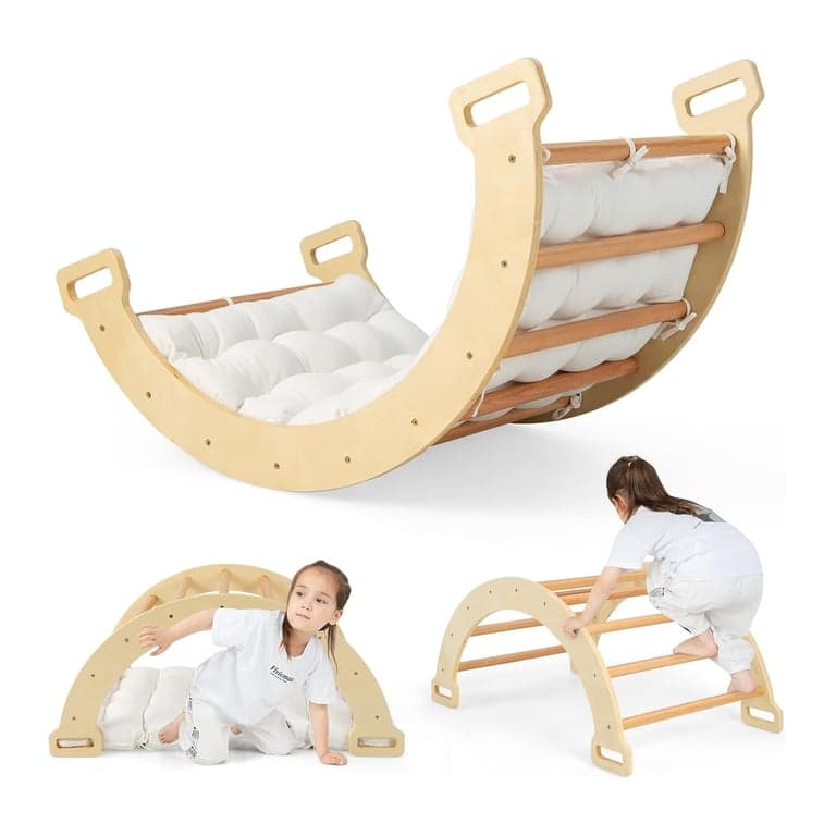 HONEY JOY 3-in-1 Wooden Arch Climbing Playset With Cozy Cushion Natural