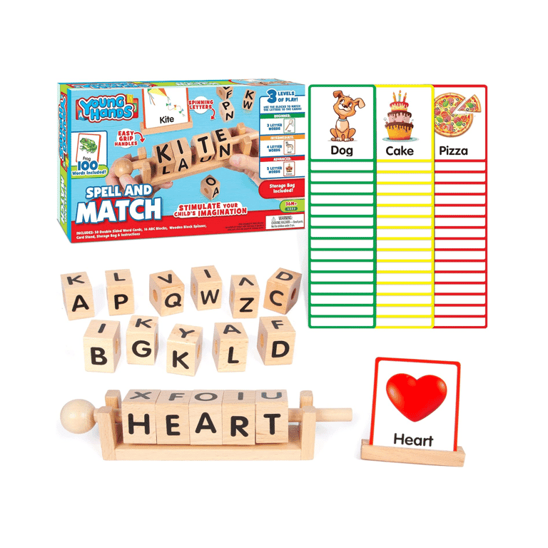 Young Hands Word Game Spin, Spell and Match Words Wooden Reading Blocks