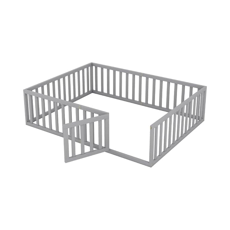 Harper & Bright Designs Queen Size Floor Bed With Rails, Fence, and Door Gray