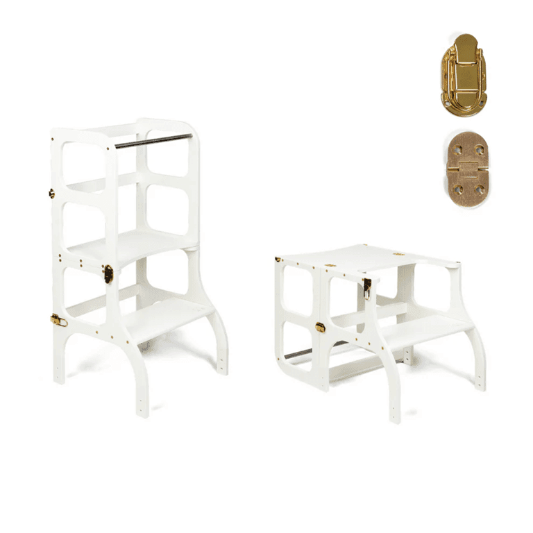 Ette Tete STEP'n'SIT® Torre di Aiuto Tavolo Convertibile 2-in-1 Bianco Con Chiusure a Scatto Dorate