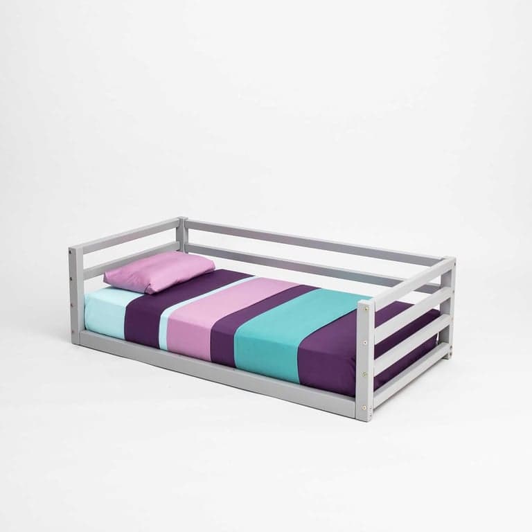 Sweet Home From Wood Montessori Floor Bed With Horizontal Rails on 3 Sides Twin Gray