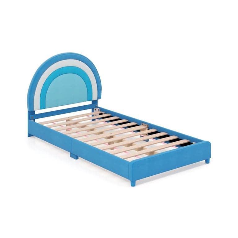 Costway Twin Bed Frame With Height-Adjustable Headboard and Sturdy Wooden Slats Blue